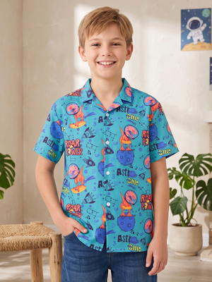 NWT | SANGTREE Boys' "Astro Dino" Button-Up Shirt | Artistic Space Dinosaur Motif | Teal | Size 12
