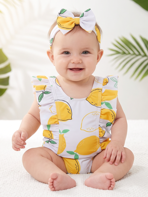 NWOT | Baby Girl Citrus Lemon Print Swimsuit & Matching Headband Set | Artistic Ruffle Motif | Yellow & White | Size 3-6M