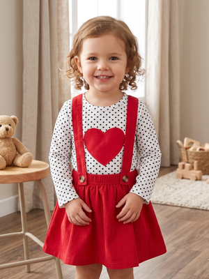 NWOT | 2-Piece Heart & Polka Dot Outfit Set | Long Sleeve Top | Red Suspender Skirt | 2T