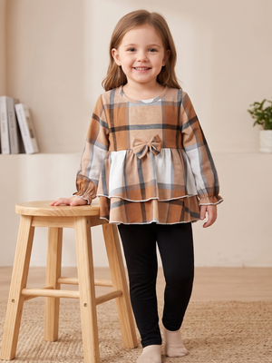 NWOT | Girls' 2-Piece Plaid Tunic & Leggings Set | Artistic Tiered Peplum Silhouette | Caramel & Onyx | Size 4-5Y