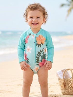 NWT | Baby Girl's Aqua Tropical Floral Long Sleeve Swim Suit | UPF 50+ | 12M