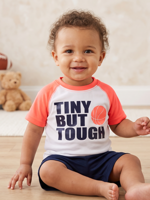 NWT | Carter’s Active "Tiny But Tough" Graphic Tee | Artistic Basketball Raglan Motif | Neon Orange & White | Size 12 Months