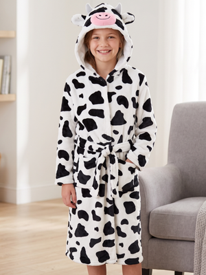 NWT | Kids Cow Print Hooded Plush Fleece Costume Belted Robe | 12-13