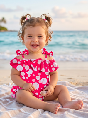 NWT | Mioglrie Baby Girl Polka Dot Ruffle Swimsuit | Artistic Shoulder Bow Silhouette | Fuchsia Pink | Size 12-18M