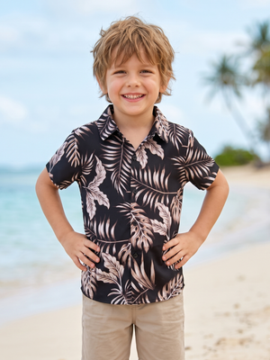 NWT | PatPat Boys' Tropical Monstera Leaf Button-Up Shirt | Artistic Coastal Aesthetic | Onyx & Sand | Size 6-7