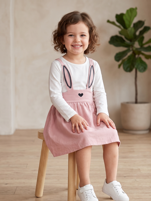 NWT | Girls' 2-Piece Bunny Ear Pinafore Set | Artistic Long Sleeve Ensemble | Dusty Rose | Size 4/5