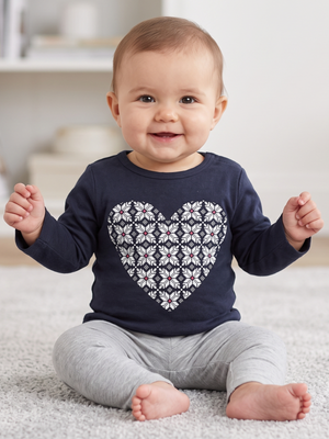 NWT | Carter's Baby Girl Fair Isle Heart Graphic Tee | Artistic Nordic Winter Motif | Navy Blue | Size 6 Months