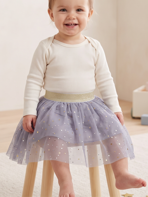 NWOT | Blue Star Print Layered Tulle Tutu Skirt | Glitter Gold Waistband | 2T