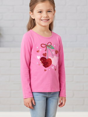 NWT | The Children's Place Pink Sequin Cherry Long Sleeve Top | Keyhole Back | M 7/8