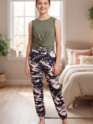 NWOT | Teen 2-Piece Pajama Lounge Set | Olive Knot Tank | Pink Camo Joggers | 13-14Y