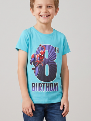 NWOT | Marvel Spiderman "8th Birthday" Graphic Short Sleeve T-Shirt | Blue | 10-12