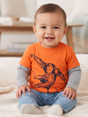 NWT | Carter's Baby Boy Monkey Graphic T-Shirt | Artistic Layered-Sleeve Silhouette | Harvest Orange | Size 6 Months
