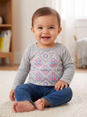 NWT | Carter's Baby Girl Long Sleeve Graphic Tee | Artistic Geometric Diamond Motif | Heather Gray | 9 Months