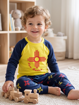 NWOT | Creative Apparel Concepts Boys' New Mexico Zia Sun Pajama Set | Artistic Southwestern Raglan | Navy & Lime | Size 2T