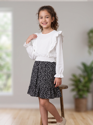 NWT | Girls' 2-Piece Ruffle Blouse & Floral Skirt Set | Whimsical Flutter Detail | Smocked Hem | Size 10/12