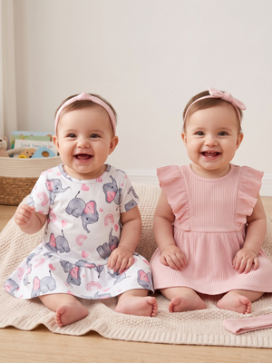 NWT | PatPat Baby Girl 2-Dress & Headband Set | Artistic Elephant Print & Ribbed Ruffle Silhouettes | Blush Pink | 6-9M
