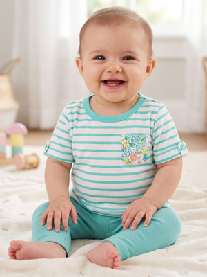 NWT | Carter's Baby Girl Striped Nautical Tee | Artistic Floral Pocket Motif | Mint & White | Size 6 Months
