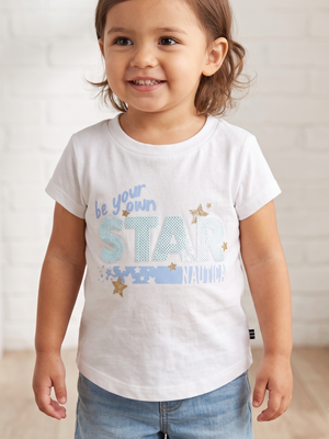 NWT | Nautica "Be Your Own Star" Graphic T-Shirt | Artistic Sequin & Glitter Motif | Bright White | Size 2T