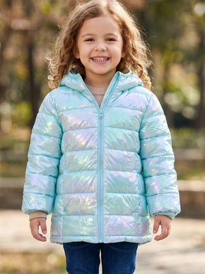 NWOT | Kids Metallic Iridescent Mint Aqua Hooded Puffer Jacket | Size 4/5