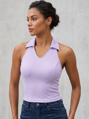NWOT | Women's Ribbed Collared V-Neck Tank Top | Artistic Racerback Performance Silhouette | Pastel Purple | Medium