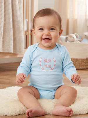 NWT | Carter's "Baby of the Year" Long Sleeve Onesie | Artistic Laurel Wreath Motif | Sky Blue | Size 9 Months