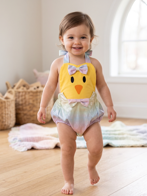 NWOT | Infant Easter Chick Halter Romper | Artistic Shimmer Rainbow Silhouette | Yellow & Pastel Multi | Size 12-18 Months