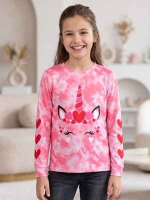 NWOT | BesserBay Pink Tie-Dye Unicorn Graphic Top | Heart Detail | Long Sleeve | Kids Size Large