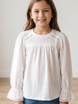 NWT | Speechless Kids Textured Long Sleeve Crochet Trim Top | White | Medium