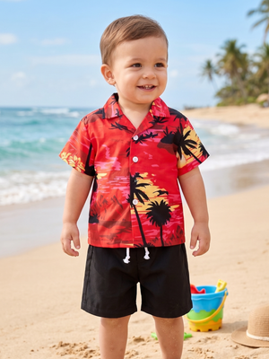 NWOT | Toddler Hawaiian Sunset Palm Tree Button Up Shirt Shorts Set | 12-24M