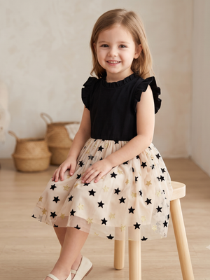 NWT | Mioglrie Girls' Star Print Tutu Party Dress | Artistic Tulle Ruffle Silhouette | Onyx & Champagne | Size 4-5Y