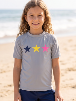 NWT | Kanu Surf Girls' "Star" Performance Rash Guard | Artistic Sun Protection Swim Top | Light Grey | Size 8