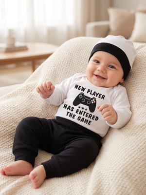 NWOT "New Player Has Entered The Game" 3-Piece Baby Long Sleeve Onesie, Pants & Hat Set | 3-6 Months