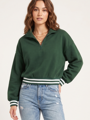 Green Fleece Half Zip Striped Cuff Sweatshirt Large