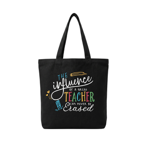 NWOT | Black Canvas Tote Bag | "The Influence of a Great Teacher" Graphic | 15.5" x 14.5"