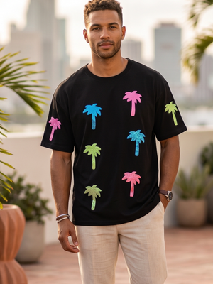 NWOT | Black T-Shirt | Vibrant Multi-Color Sequin Palm Tree Graphic | S