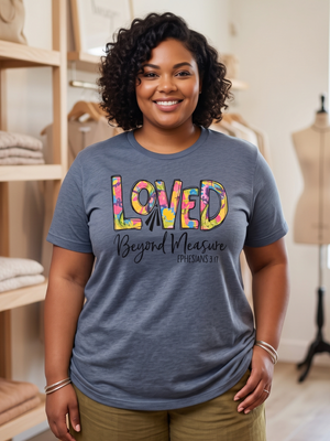NWOT | Love in Faith "Loved Beyond Measure" Ephesians 3:17 Graphic Tee | Denim | L