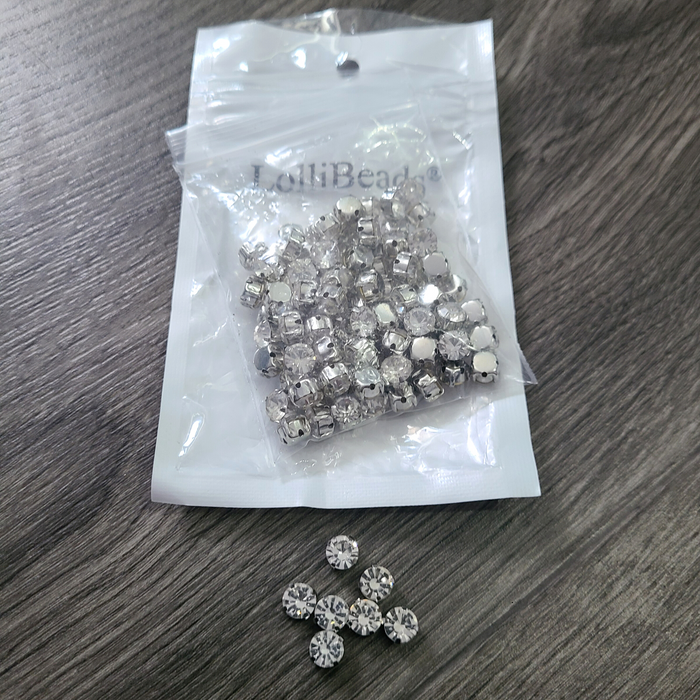 100 Pcs Crystal Ringed Sew on Rhinestone Czech Glass with Silver Plated Brass Base Prongs Cup, White 6 mm