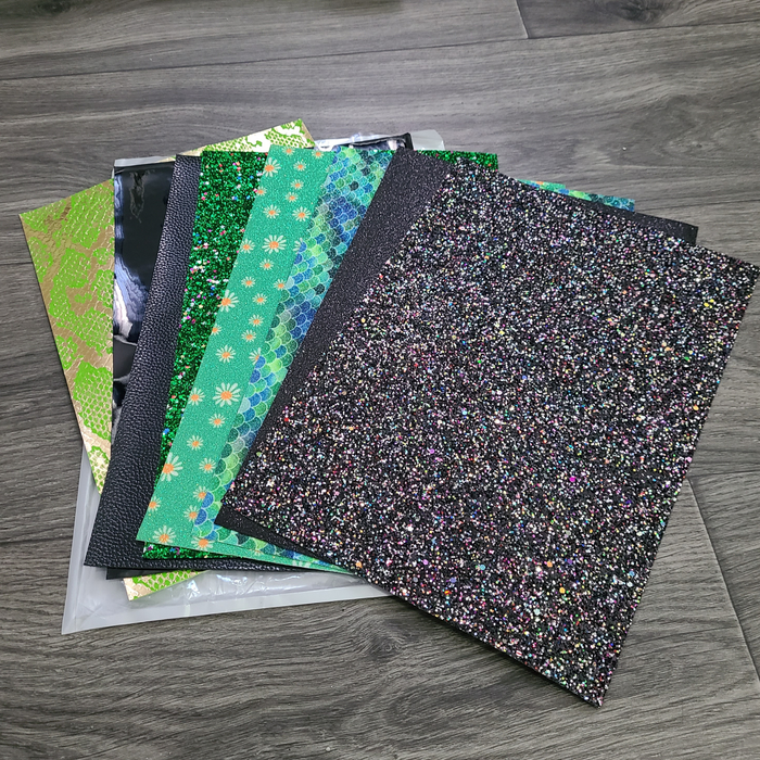 Faux Leather Black/Green Glitter Sheets - 8 Pieces - 8"x14"