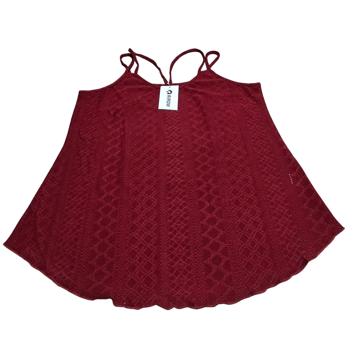 Women's Burgundy Eyelet Embroidery Sleeveless Spaghetti Strap Tank Top - M & L