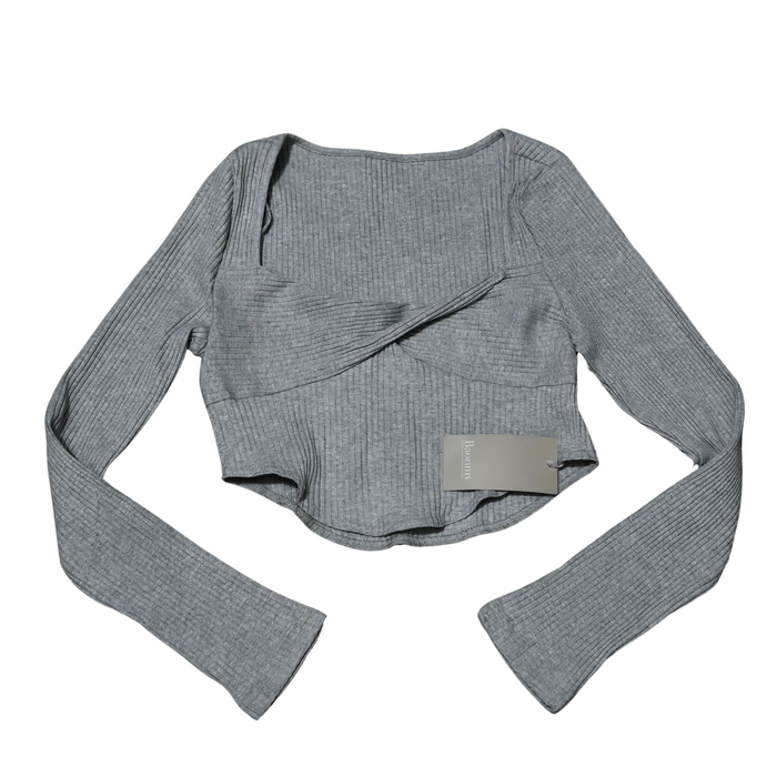 Women's Gray Fall Long Sleeve V Neck Sexy Ribbed Knit Sweater Slim Fit - L