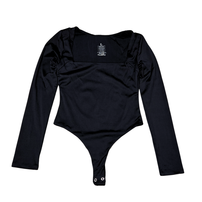 Women's Black Long Sleeve Square Neck Bodysuit - L