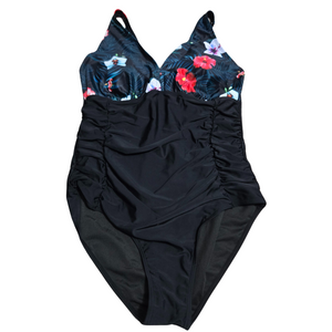 Women's 1 Piece Black Floral Tummy Control Bathing Suit - 14W
