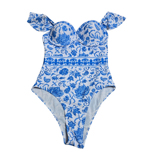 Women's 1 Piece Blue Floral Pushup Bathing Suit - Small