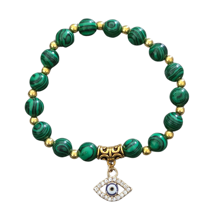 Evil Eye Green & Gold Round Bead Bracelet