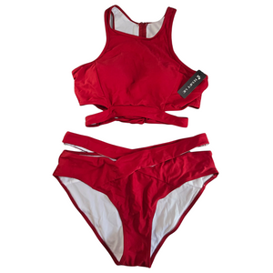 Wine Red 2 Piece High Neck Bathing Suit - XXL