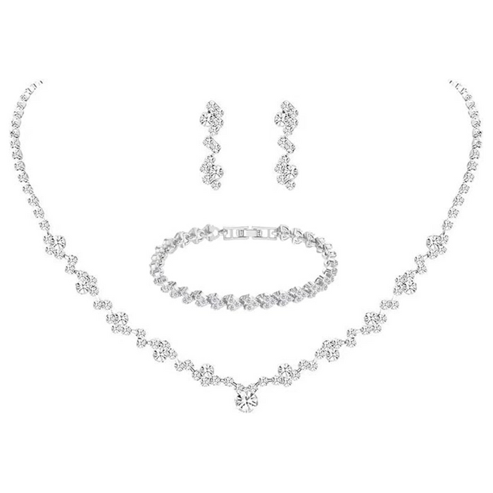 3 Piece Crystal Wedding Jewelry Set, Silver Necklace Earrings & Bracelet