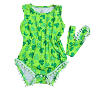 NWOT | St. Patrick's Day Shamrock Romper & Matching Headband Set | Pom-Pom Trim | Size 100 (18-24M)