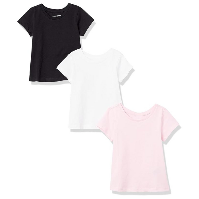 Girls 3-Pack Short Sleeve T-Shirts – Size M (9), White/Black/Pink Basics