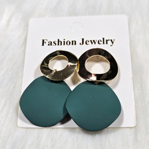 Green & Gold Geometric Round Dangle Earrings – Modern Fashion Statement Jewelry