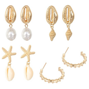 Boho Gold Seashell Conch Earrings – 4-Pack Summer Beach Set